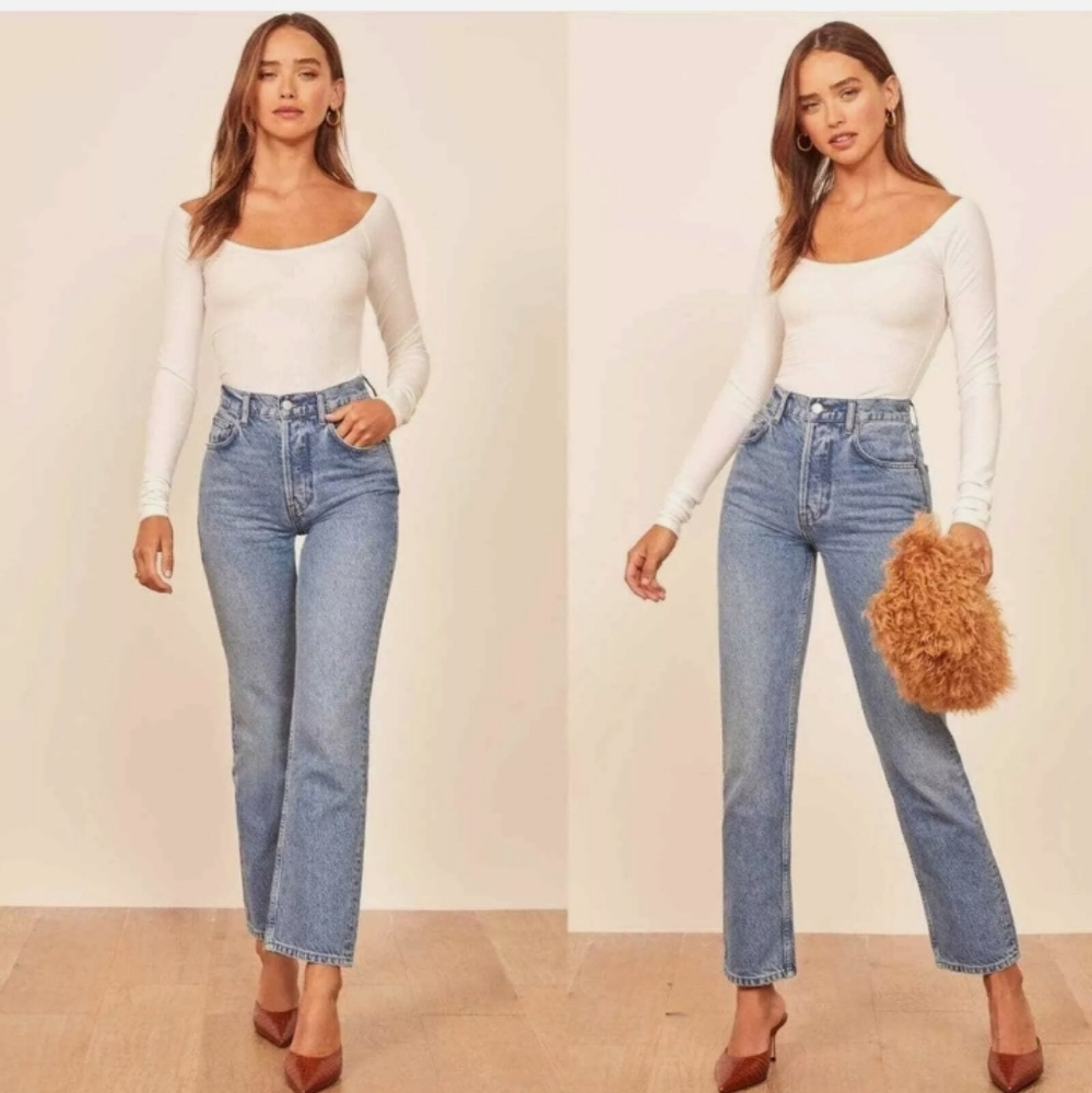 NWT Reformation Cynthia High Rise Straight Leg Jeans In Colorado Wash Size: 27